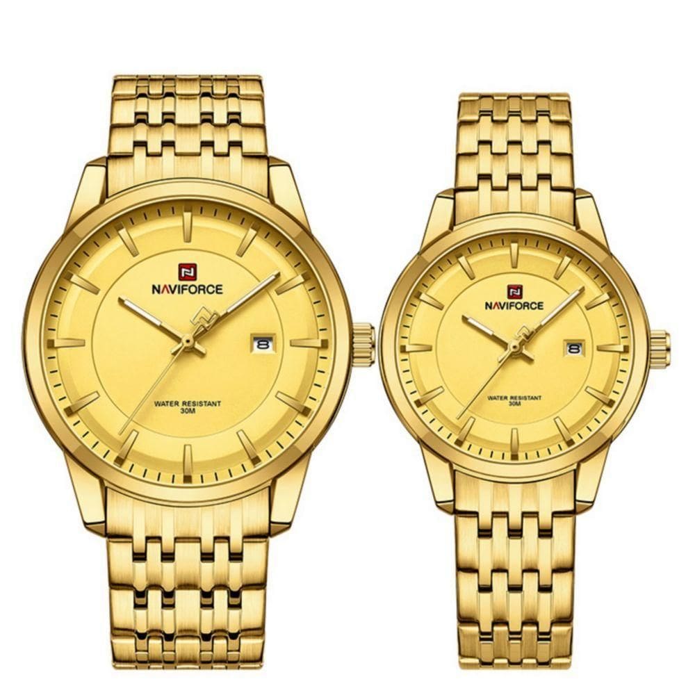 Conjunto Relógio De Quartzo Data Automática Em Aço Inoxidável Impermeavel Dourado