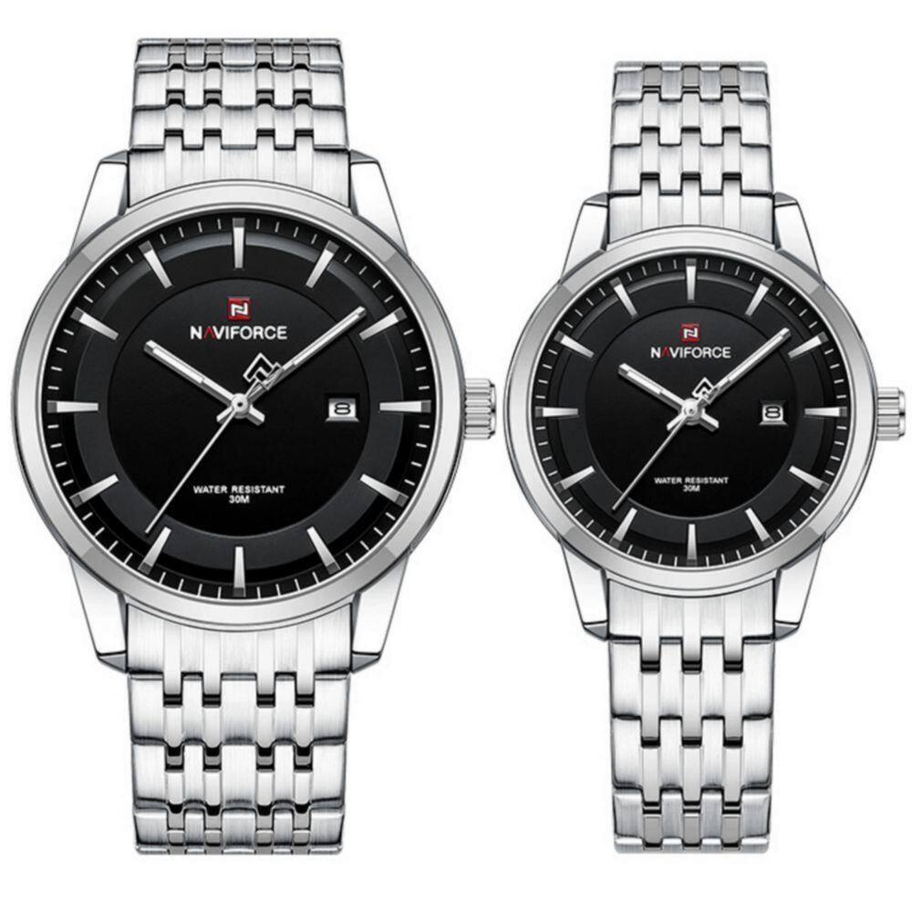 Conjunto Relógio De Quartzo Data Automática Em Aço Inoxidável Impermeavel Prata