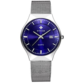 Relógio Masculino Ultra Fino De Quartzo Minimalista Pulseira De Malha Impermeável Azul