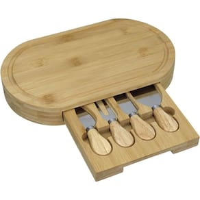 Jogo 4 Peças Para Queijo Home&co Com Tabua De Corte E Gaveta Bambu Natural