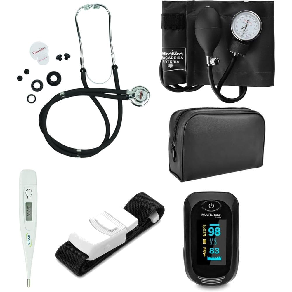 Kit Material de Enfermagem Aparelho De Pressão + Estetoscópio Rappaport Duplo - Premium - Com Oximetro