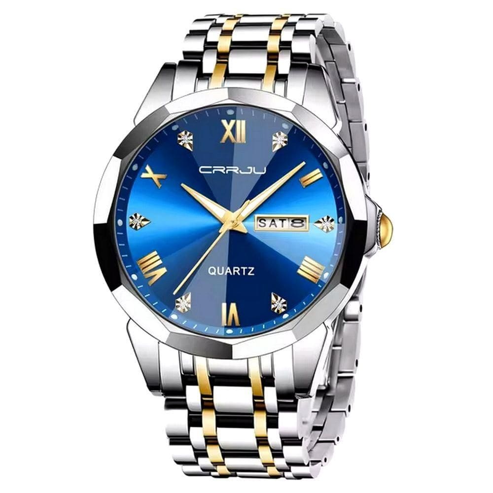 Relógio Analógico Masculino De Quartzo Impermeável Em Aço Inoxidável Classico Azul Dourado