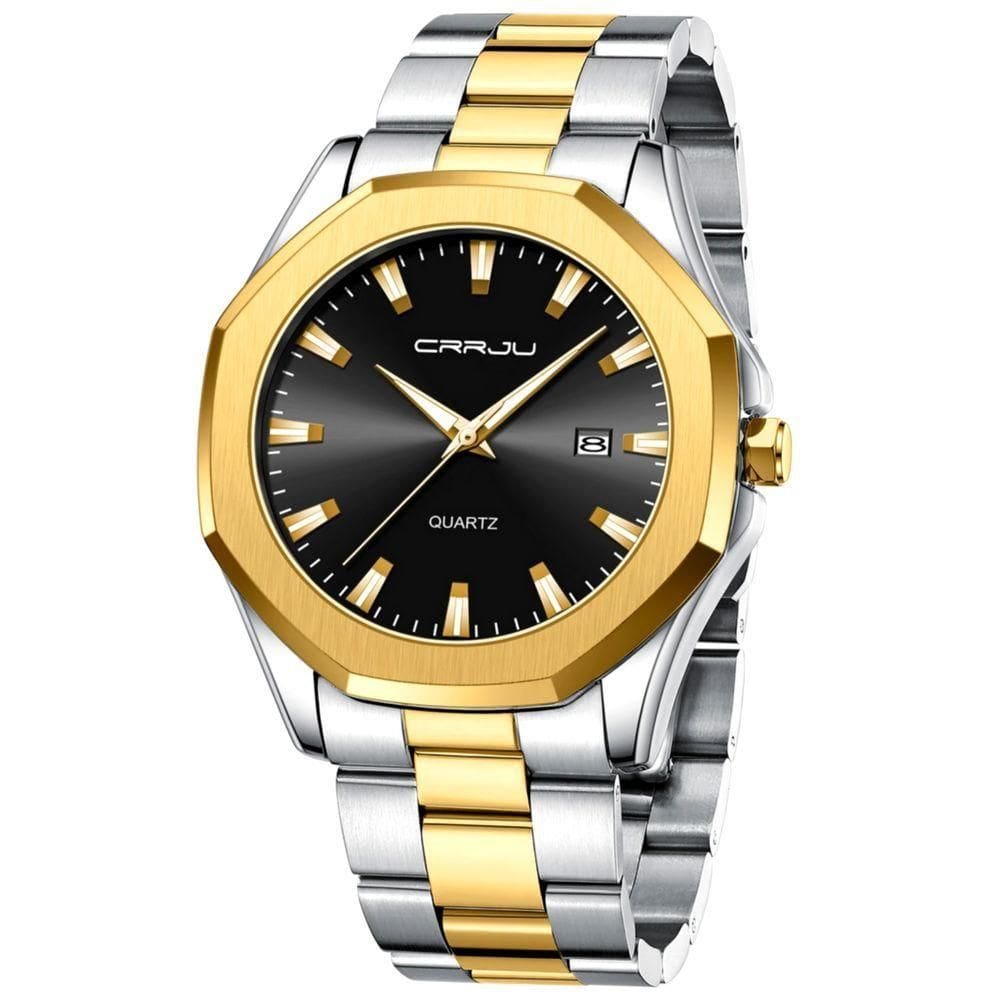 Relógio Masculino De Aço Inoxidável Movimento De Quartzo Impermeavel 3 Atm Preto Dourado