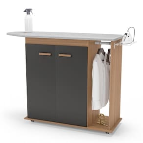 Tábua De Passar Roupa Top 02 Portas Com Suporte Para Ferro E Cabideiro Freijó Grafite - Desk Design