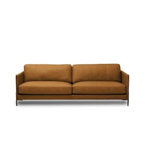 Sofá Decorativo Karine 4 Lugares Sala De Estar 270cm Pés Em Aço Couro Caramelo Manchado