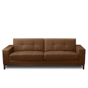 Sofá Decorativo Bruno 3 Lugares Sala De Estar 210cm Pés Em Madeira Couro Marrom Claro Manchado