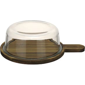 Queijeira Redonda Home&co Com Tampa De Vidro Madeira 8x21x28cm Natural