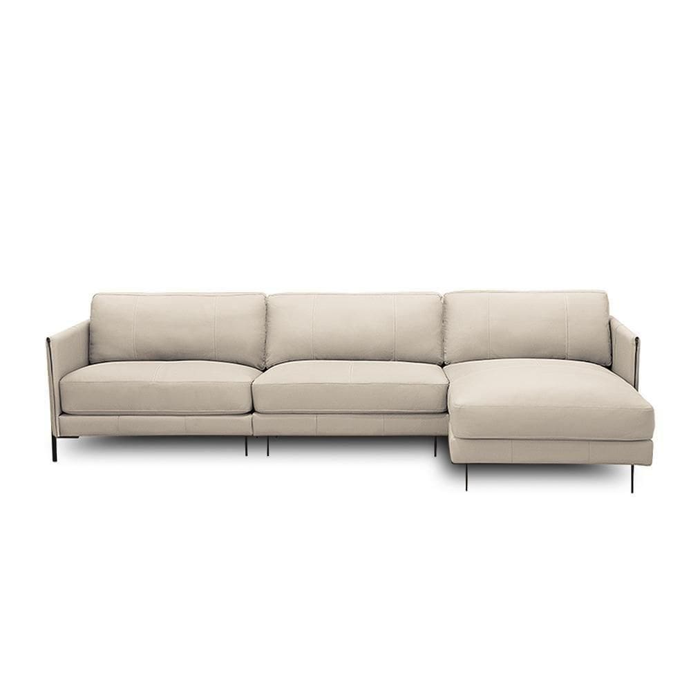 Sofá Decorativo Karine 6 Lugares Sala De Estar 360cm Com Chaise Pés Em Aço Couro Bege