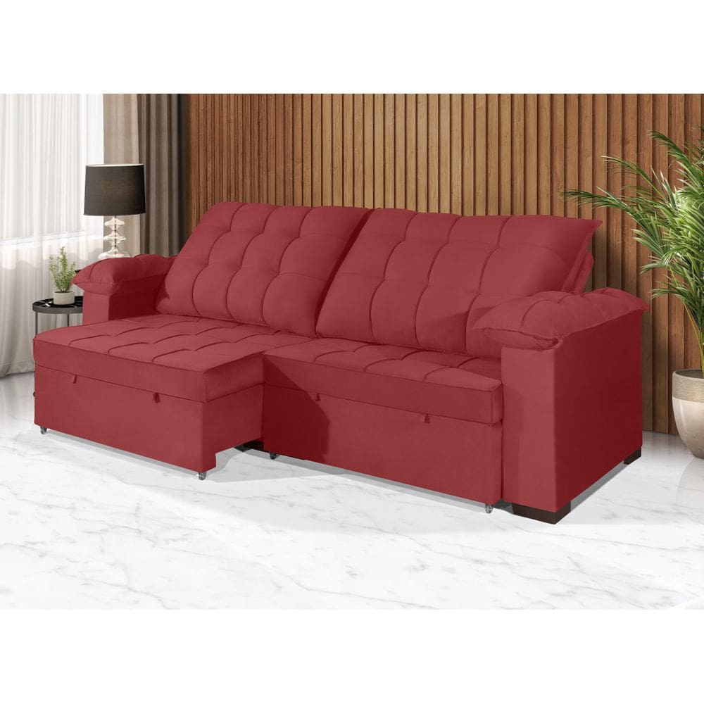 Sofá Retrátil e Reclinável 2,10m Canadá ESTILO ESTOFADOS - Sude Veludo cor &quot;Vermelho&quot;