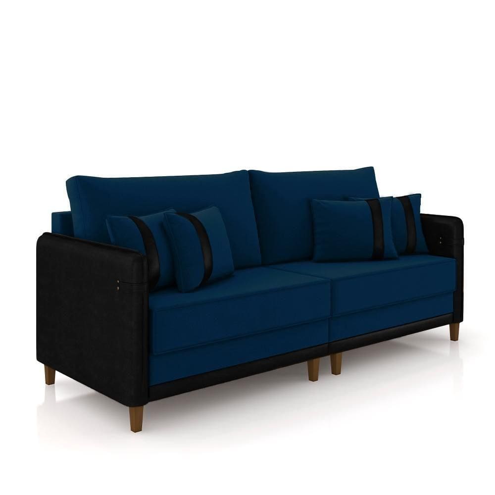 Sofá Living Montecarlo 3 Lugares Bipartido 252cm Pés Em Madeira Veludo Azul-Preto