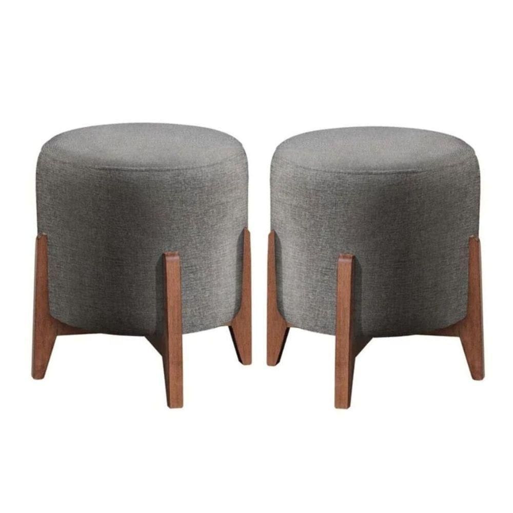 Kit 2 Puff Decorativo Redondo Luxo Dubai Suede cinza
