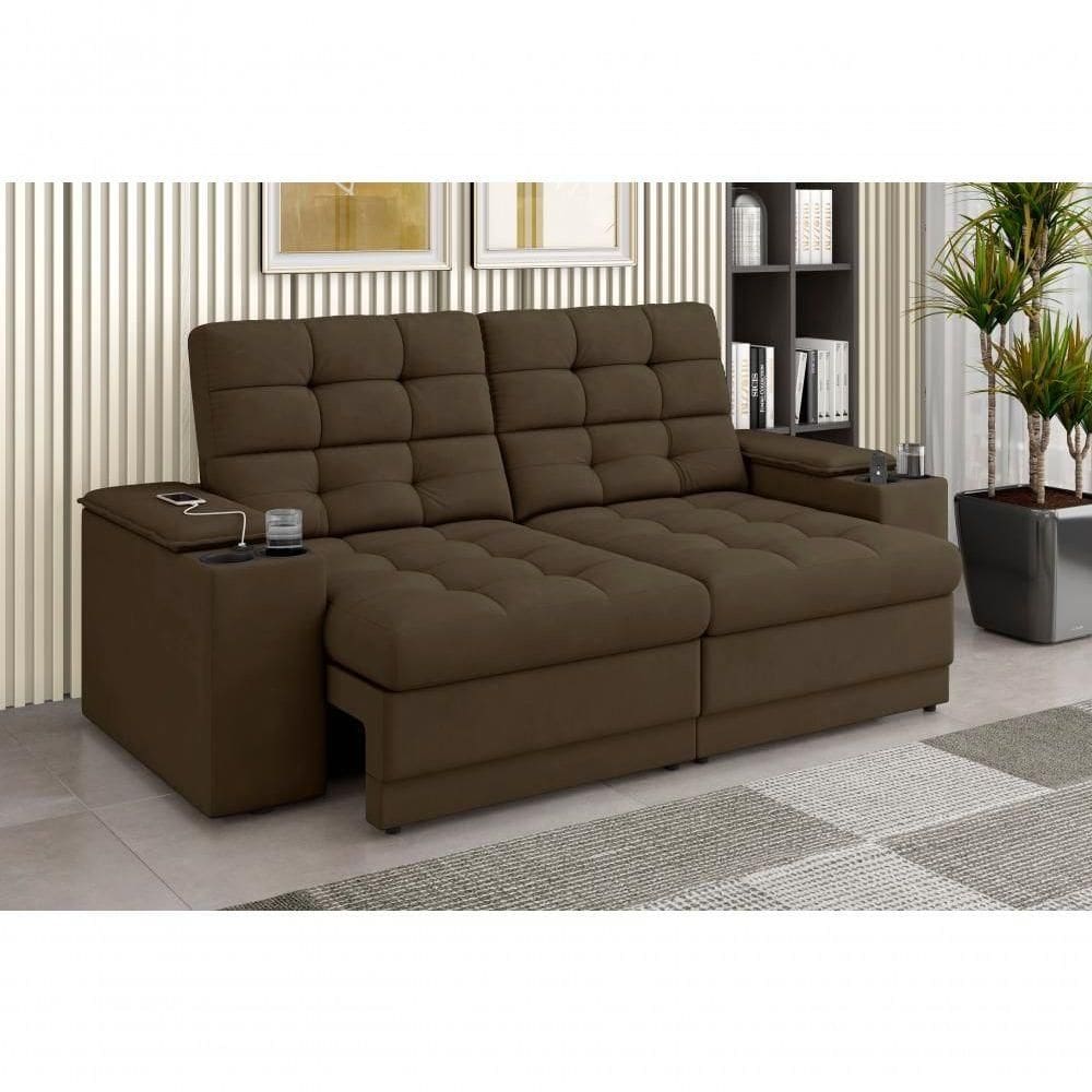 Sofá Confort Premium 2,05m Assento Retrátil-reclinável Porta Copos E Usb Suede Marrom - X Sofas