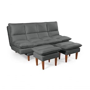 Sofá Cama Andorra 3 Lugares Império Reclinável Casal Pés Madeira Com Banqueta Suede Cinza