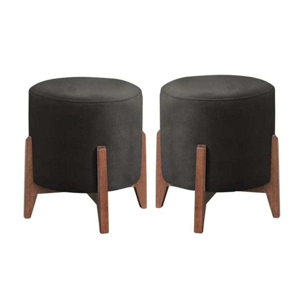 Kit 2 Puff Decorativo Redondo Luxo Dubai Suede preto