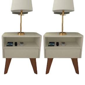 Kit 2 Mesas De Cabeceira Com Gaveta 40 Cm Mdf Branco Com Pés