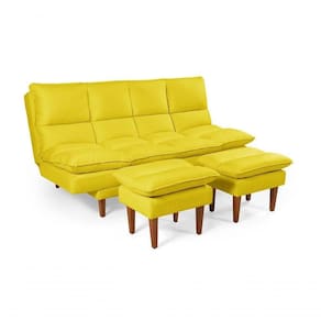 Sofá Cama Andorra 3 Lugares Império Reclinável Casal Pés Madeira Com Banqueta Suede Amarelo