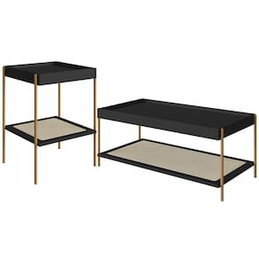 Conjunto Mesa De Centro E Mesa Lateral Para Sala Industrial Indy A03 Nero Dourado