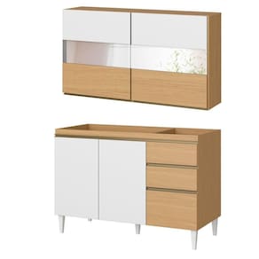 Kit Balcão De Pia E Armário 2 Portas Com Vidro Para Cozinha Nevasca Atacama-branco