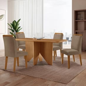 Mesa Evora 120 Mdf Canto Copo E Com 4 Cadeiras Athenas Veludo Capuccino-naturalle-naturalle