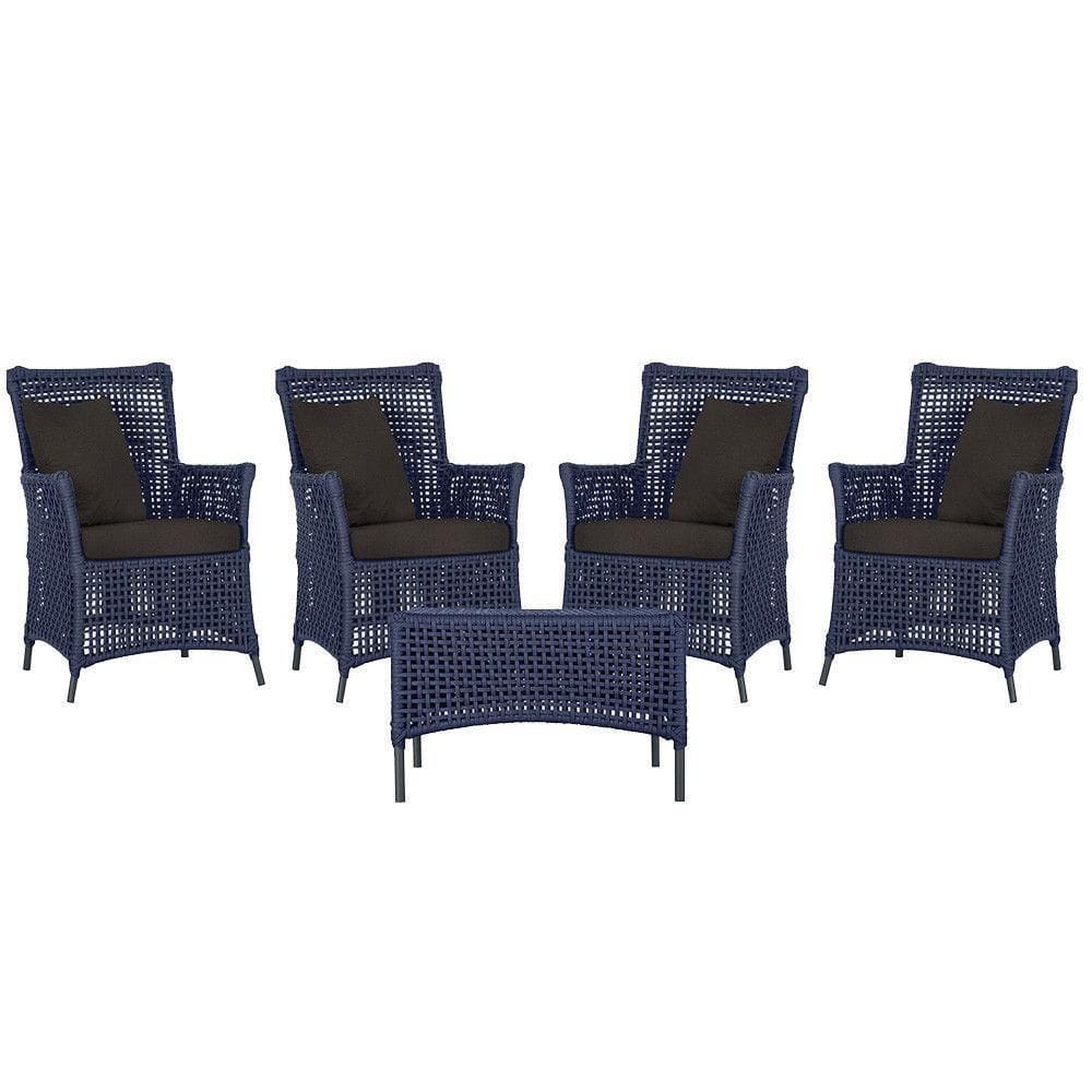 4 Poltronas E 1 Mesa Igapó Alumínio Preta Corda Náutica E9 Azul