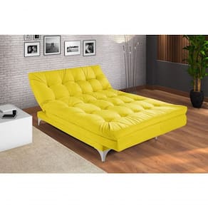 Sofá Cama Versátil 3 Lugares Império Reclinável Casal Pés De Alumínio Espuma Especial D33 Suede Amarelo 374