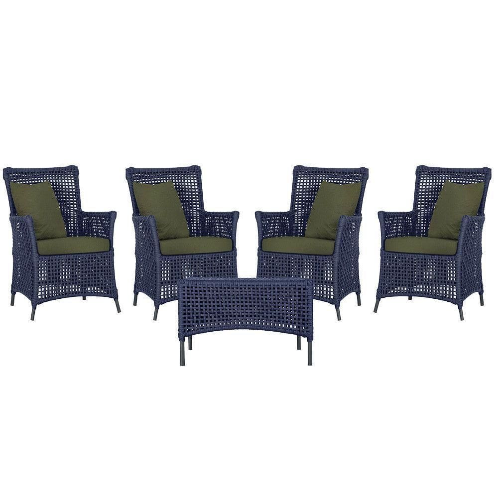 4 Poltronas E 1 Mesa Igapó Alumínio Preta Corda Náutica E13 Azul