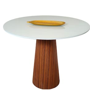 Mesa De Jantar Cone 100 Cm Base Madeira Pau Ferro Rajado Tampo Laca + Vidro Cor Branco