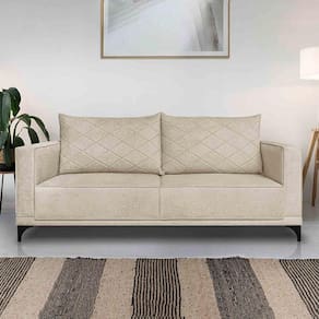 Sofá Living 3 Lugares Com Pés De Ferro Almofadas Soltas 220cm Neso Bouclê Bege