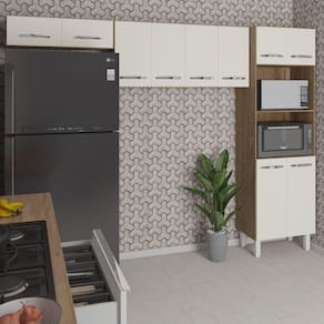 Kit 3 Peças Cozinha Compacta Luna Paneleiro Torre Quente Armário Suspenso Aéreo 118cm Aéreo Geladeira Savana Off White