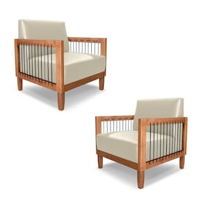 Kit 2 Poltronas Sala De Estar Pés Madeira Maciça Corda Náutica Preta 75cm Manila Pu Bege