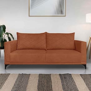 Sofá Living 3 Lugares Com Pés De Ferro Almofadas Soltas 220cm Neso Bouclê Terracota