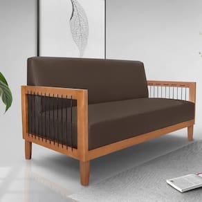 Sofá Namoradeira 2 Lugares Sala De Estar Pés Madeira Maciça Corda Náutica Preta 160cm Manila Pu Marrom