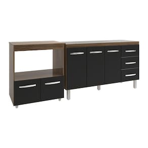 Armário Cozinha Balcão Gabinete De Pia 140 Cm Carine E Balcão Para Microondas E Forno Elétrico Amanda Savana Preto