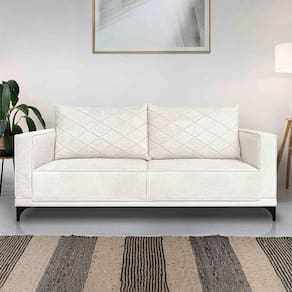 Sofá Living 3 Lugares Com Pés De Ferro Almofadas Soltas 220cm Neso Bouclê Off White