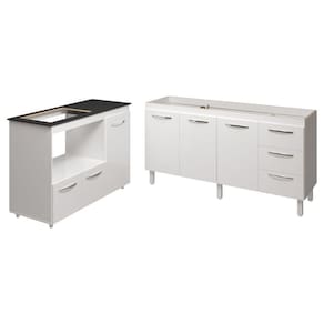 Balcão Cozinha Gabinete De Pia 160 Cm Estela E Balcão Para Fogão Cooktop 4 Bocas E Forno Elétrico Alana Branco