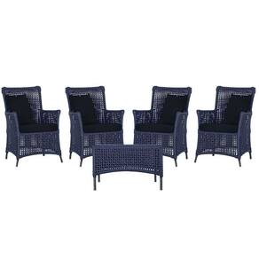 4 Poltronas E 1 Mesa Igapó Alumínio Preta Corda Náutica E12 Azul