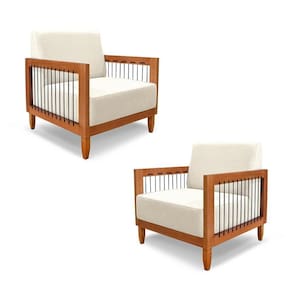 Kit 2 Poltronas Sala De Estar Pés Madeira Maciça Corda Náutica Preta 75cm Manila Linho Off White Rústico