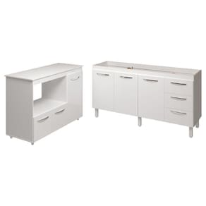 Balcão Cozinha Armário Gabinete De Pia 150 Cm Deise E Balcão Lilian Para Microondas E Forno Elétrico Branco