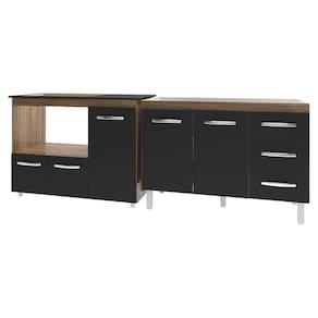 Armário Cozinha Balcão Gabinete De Pia 120 Cm Bruna E Balcão Alana Para Fogão Cooktop 5 Bocas E Forno Savana Preto