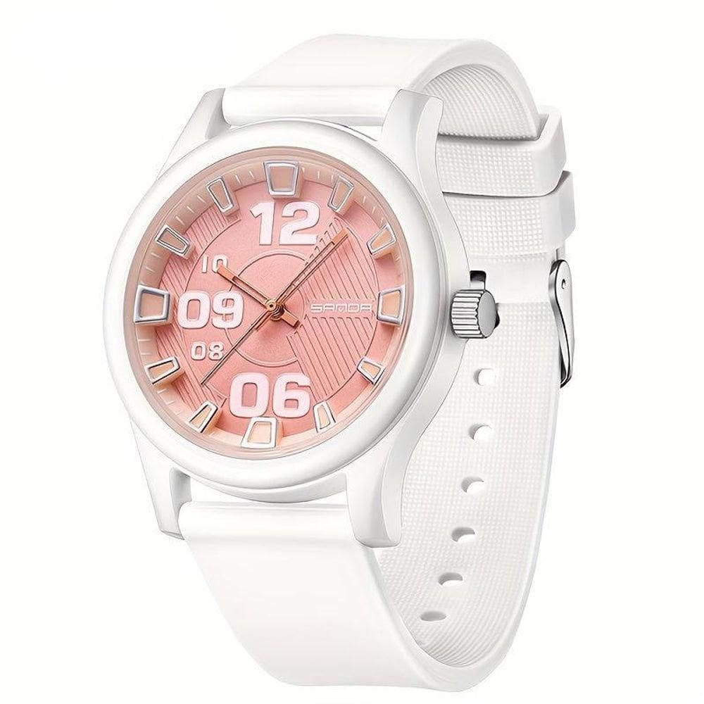 Relógio Feminino De Quartzo - à Prova D`água, Leve Com Pulseira De Silicone Branco Rosa
