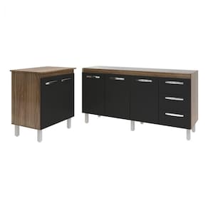 Balcão Cozinha Gabinete Para Pia 138 Cm Carine E Balcão Jane Para Microondas Ou Forno Elétrico Savana Preto