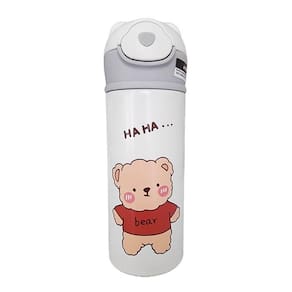 Garrafa Térmica Infantil Branca 420ml Com Tampa De Ursinho E Canudo Para Bebidas Quentes E Frias