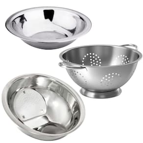 Kit Cozinha Escorredor De Macarrão, Lavador De Arroz E Bowl Aço Inox 3 Peças