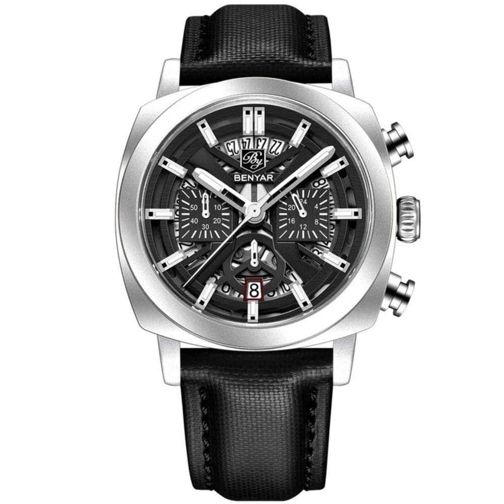 Relógio De Quartzo Mostrador Luminoso Benyar Masculino Design Tonneau Impermeavel Preto Prata