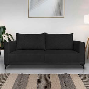Sofá Living 3 Lugares Com Pés De Ferro Almofadas Soltas 220cm Neso Bouclê Preto