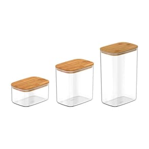 Conjunto De Potes Herméticos Retangular Keep 3 Peças Transparente Com Tampa De Bambu Ou