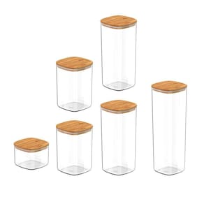 Conjunto De Potes Herméticos Keep 6 Peças Transparente Com Tampa De Bambu Ou