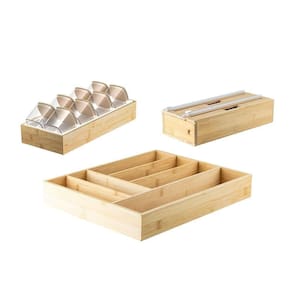 Kit Organizador De Gaveta Com 01 Porta Temperos + 01 Porta Rolos + 01 Organizador Talheres Em Bambu Ou