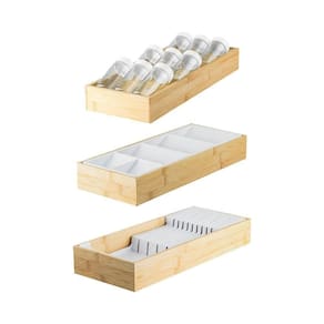 Kit Organizador De Gaveta Com 01 Porta Temperos + 01 Organizador Talheres + 01 Organizador De Facas Em Bambu Ou