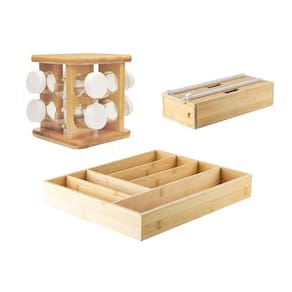 Kit Organizador De Gaveta Com 01 Porta Temperos + 01 Porta Rolos + 01 Organizador Talheres Em Bambu Ou